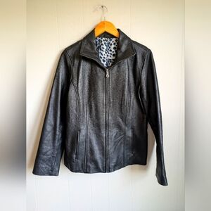 Black Genuine Leather Jacket Women’s‎ Fitted Zip Moto Leopard Lining Medium